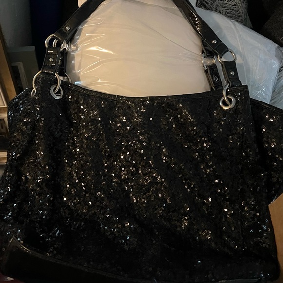 Nine West Black Sequin Purse, leopard print lining - Picture 3 of 11